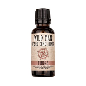 Wild Man Beard Oil Conditioner Tundra scent in 30ml amber glass bottle on white background.