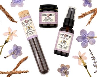 Spa Gift Set - MOONLIGHT + BLOOM Bath Salt Muscle Rub Perfume Sampler Self Care Gift for Her