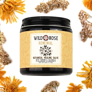Renewal Healing Salve in a 4oz amber glass jar with metal lid. Dried yarrow and calendula surround.