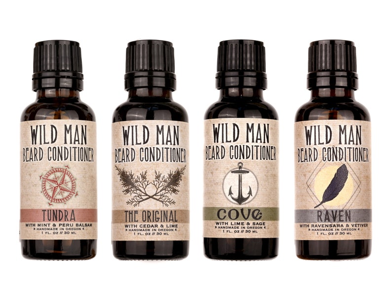 Wild Man Beard Conditioner 30ml in four scents: Tundra, The Original, Cove and Raven.