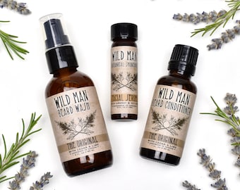 Wild Man Beard Gift Set - Beard Oil Conditioner, Beard Wash and Facial Serum