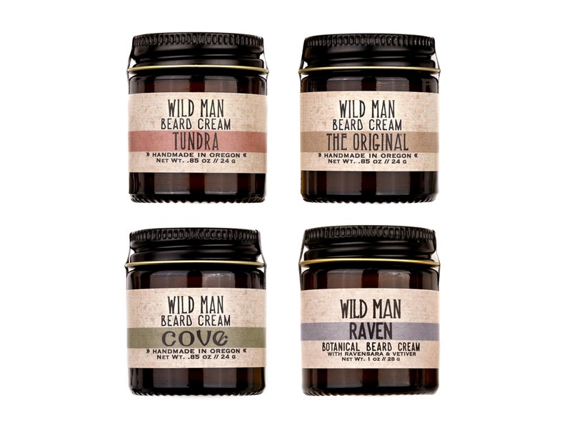 Wild Man Softening Beard Cream 1oz size in The Original, Raven, Cove and Tundra scents.