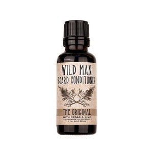 Wild Man Beard Conditioner in The Original scent shown in a 30ml amber glass bottle on white background.