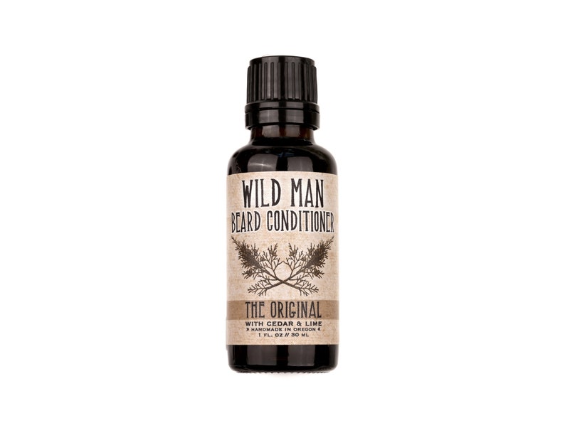 Wild Man Beard Conditioner in The Original scent shown in a 30ml amber glass bottle on white background.