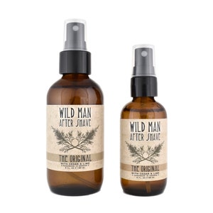WIld Man After Shave 2oz and 4oz amber glass bottles in The Original scent on white background.