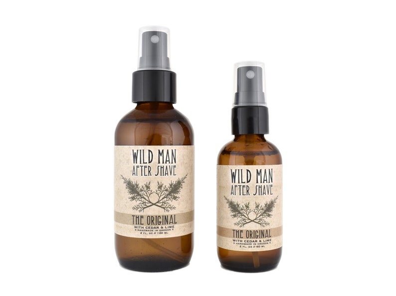 WIld Man After Shave 2oz and 4oz amber glass bottles in The Original scent on white background.