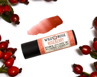 Tubo de tinte para labios y mejillas botánico ROSEBERRY - Tubo biodegradable de maquillaje orgánico de 0,33 oz
