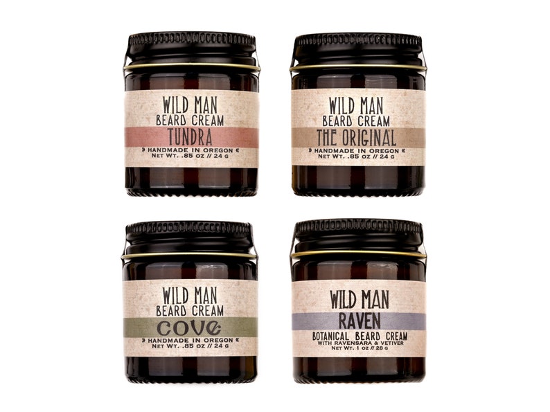 Wild Man Beard Cream 1oz size in Tundra, The Original, Cove and Raven.