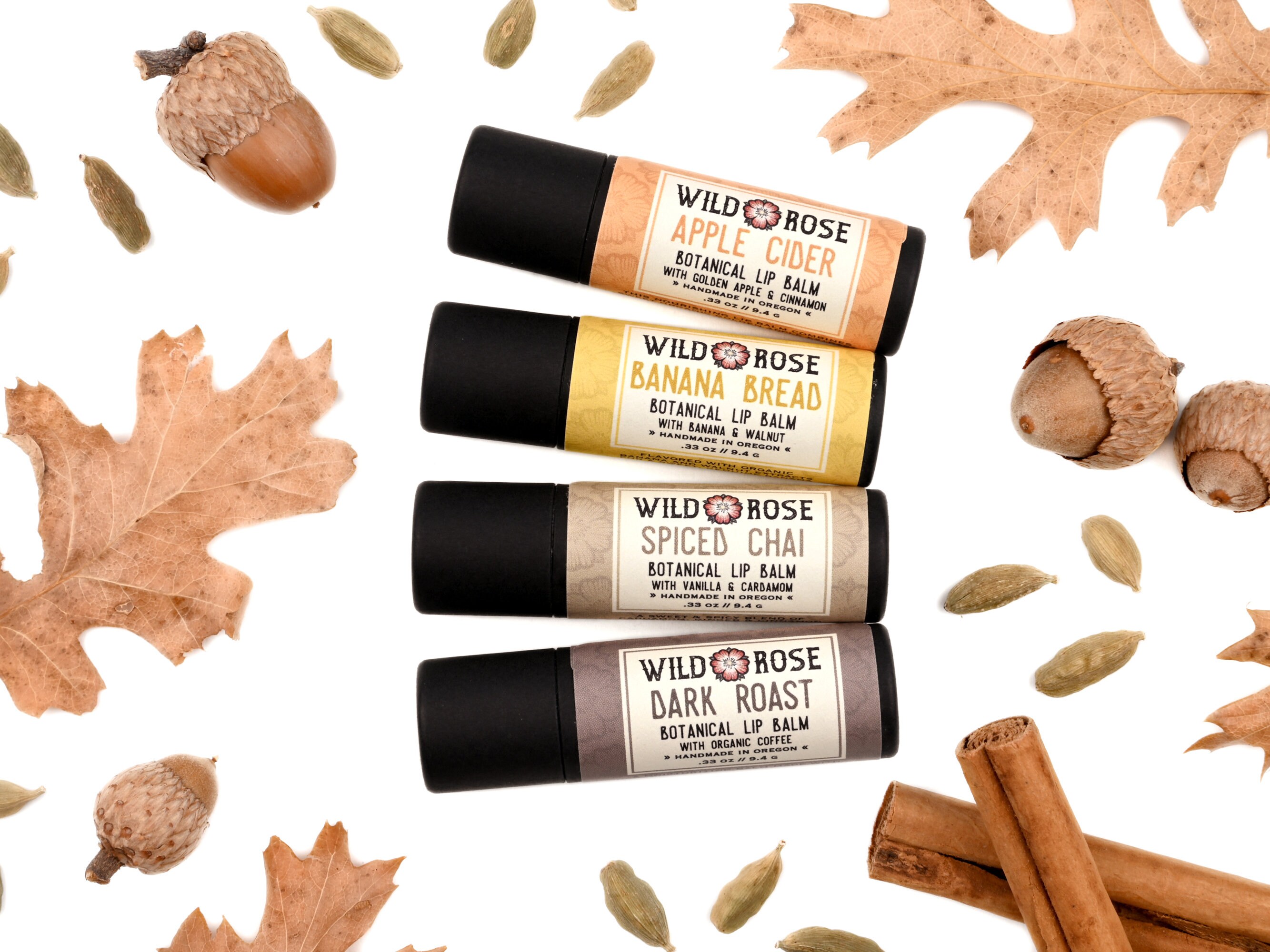 Autumn Lip Balm Gift Set: Dark Roast, Spiced Chai, Apple Cider, Banana Bread