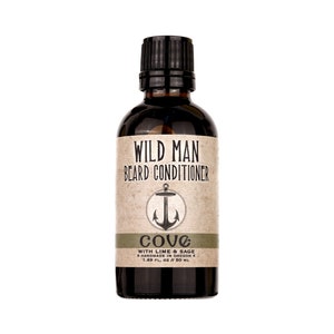 Wild Man Beard Oil Conditioner Cove scent in 50ml amber glass bottle on a white background.