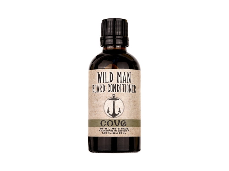 Wild Man Beard Oil Conditioner Cove scent in 50ml amber glass bottle on a white background.