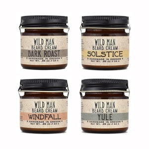 Wild Man Softening Beard Cream 1oz size in Dark Roast, Solstice, Windfall and Yule scents.