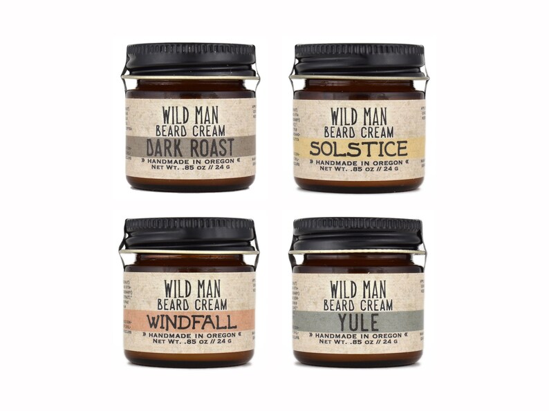 Wild Man Softening Beard Cream 1oz size in Dark Roast, Solstice, Windfall and Yule scents.