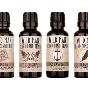 Wild Man Beard Oil Conditioner 30ml size in Tundra, The Original, Cove and Raven scents.