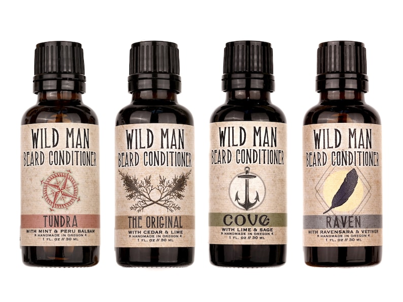 Wild Man Beard Oil Conditioner 30ml size in Tundra, The Original, Cove and Raven scents.