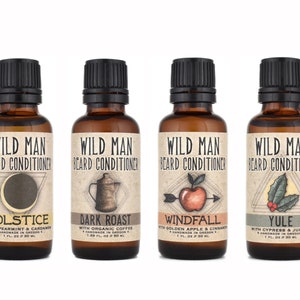 Wild Man Beard Oil Conditioner 30ml in Solstice, Dark Roast, Windfall and Yule scents.