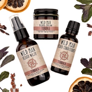 Mens Grooming Kit Wild Man Beard Gift Set THREE PACK Beard Oil Conditioner, Beard Wash and Beard Cream Tundra