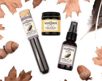 Bath Gift Set RAVEN + RENEWAL Unisex Spa Gift for Him Cologne Spray Bath Salts Healing Salve
