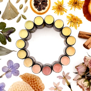 Wild Rose Natural Lip Balms shown with caps off revealing creamy lip balms in a variety of natural shades arranged in a rainbow circle. Dried botanicals surround.