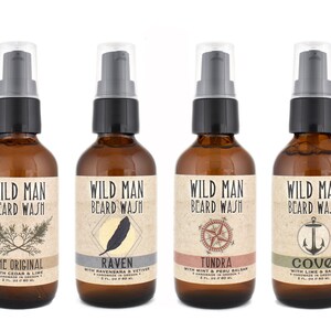 Wild Man Beard Wash 2oz in The Original, Raven, Cove and Tundra scents.