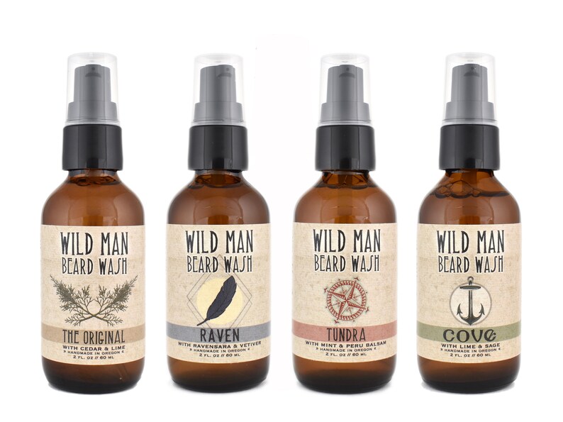 Wild Man Beard Wash 2oz in The Original, Raven, Cove and Tundra scents.