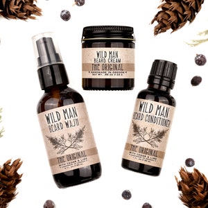 Mens Grooming Kit Wild Man Beard Gift Set THREE PACK Beard Oil Conditioner, Beard Wash and Beard Cream The Original