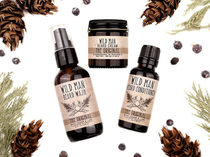 Mens Grooming Kit Wild Man Beard Gift Set THREE PACK Beard Oil Conditioner, Beard Wash and Beard Cream The Original