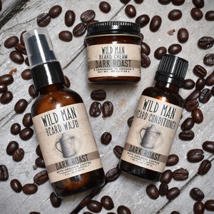 Mens Beard Grooming Gift Set THREE PACK Beard Oil Conditioner, Wash Cream Dark Roast