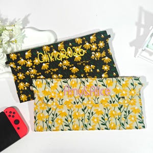Embroidery custom name handmade daisy fabric Nintendo Switch bag for Switch 2,Switch OLED,Switch,Switch Lite,with game card slot and lanyard