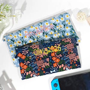 Custom embroidery name handmade daisy fabric Nintendo Switch bag for Switch 2,Switch OLED,Switch,Switch Lite,with game card slot and lanyard