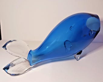 ヴィンテージのクリア＆ブルーのブレンコアートガラスの魚 - Etsy 日本
