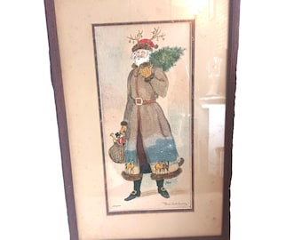 Vintage kerstmanprint van Bob Holloway, genummerd, gesigneerd en ingelijst. Kerstboom.