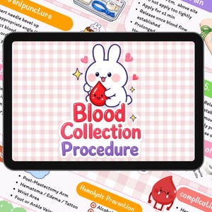May include: A digital tablet displaying a Blood Collection Procedure guide with a white cartoon rabbit holding a red blood drop character. The text reads Blood Collection Procedure in red and purple letters against a light pink checkered background.