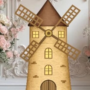 May include: A decorative windmill with a brown roof and blades, and a tan body with windows and a door. The image has the text "6x4" at the bottom. The background features a white wall with floral accents.