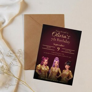 May include: A rectangular birthday invitation card with a dark burgundy gradient background featuring gold text that reads Olivia's 7th Birthday, September 9, and event details, alongside an illustration of three characters in gold dresses.