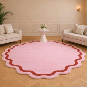 Carpette festonnée rose poudré avec bordure rouge - Tapis rond moderne ondulé pour salon ou chambre à coucher