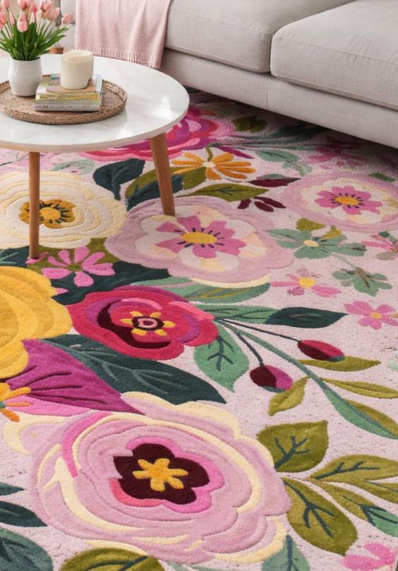 Pink Bloom Rug Colorful Floral Area Rug – Bright Pink & Yellow Flower Carpet for ...