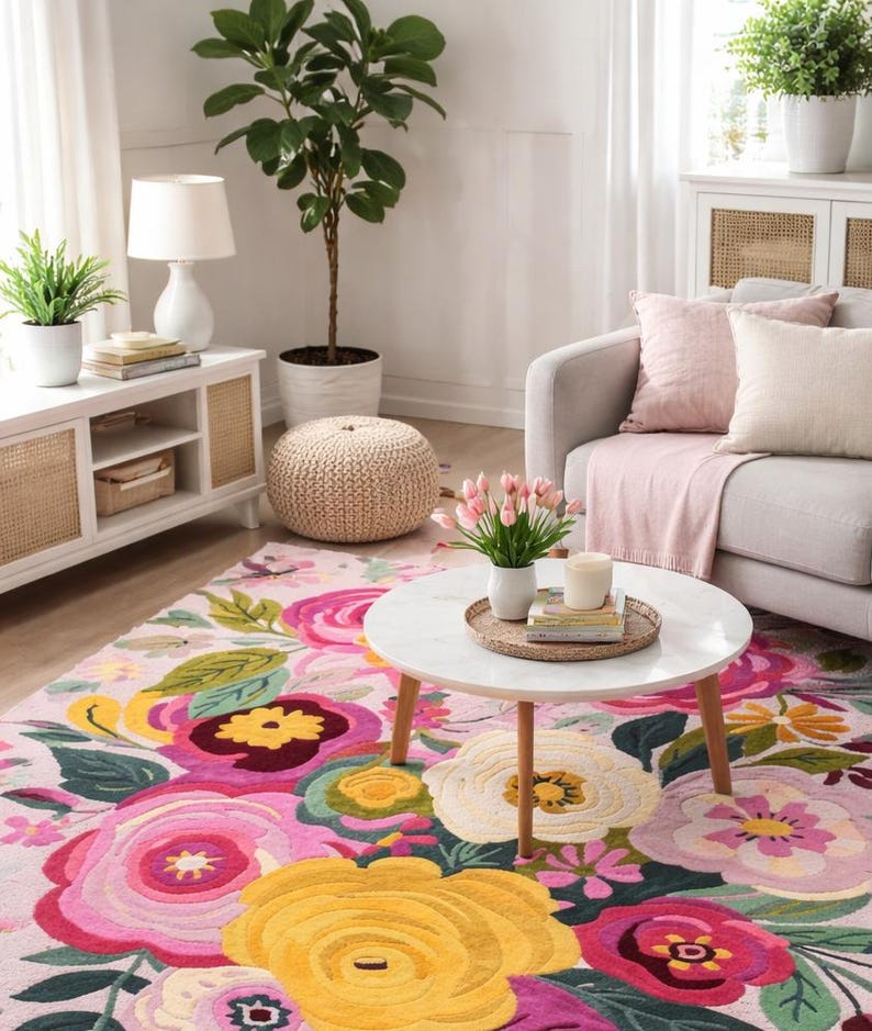 Pink Bloom Rug Colorful Floral Area Rug – Bright Pink & Yellow Flower Carpet for ...