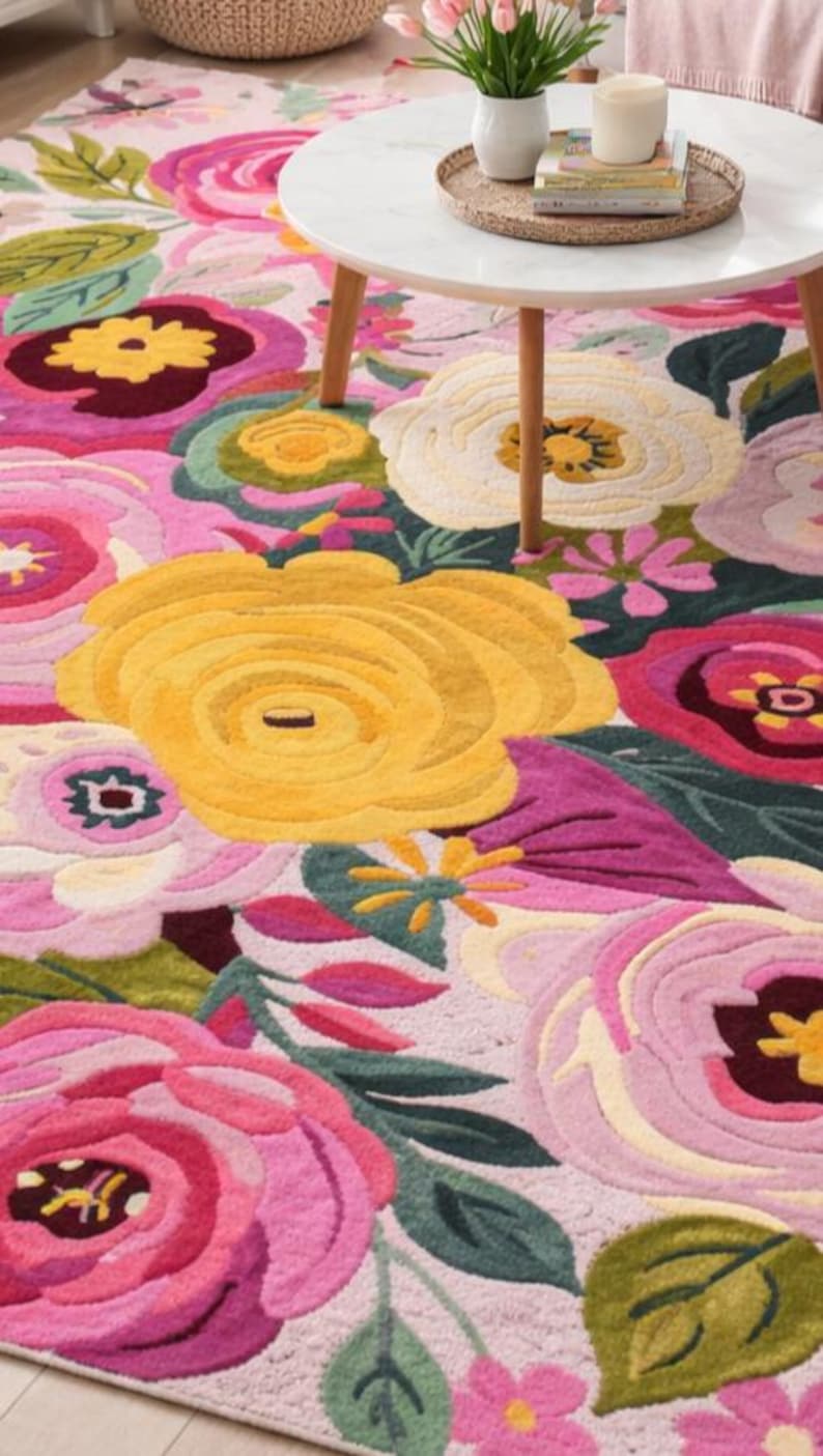 Pink Bloom Rug Colorful Floral Area Rug – Bright Pink & Yellow Flower Carpet for ...