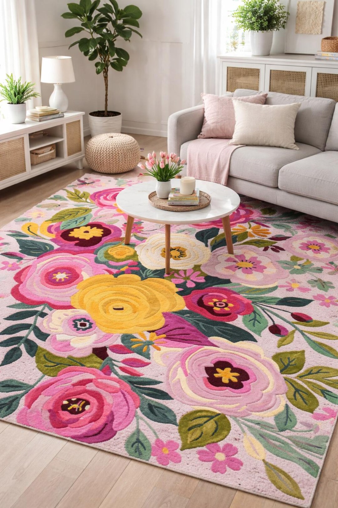 Pink Bloom Rug Colorful Floral Area Rug – Bright Pink & Yellow Flower Carpet for ...