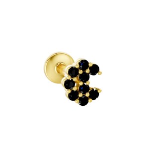 14K Solid Gold Black Lab Sapphire Letter C Flat Back Stud | Initial Cartilage Earring | Tragus Piercing Jewelry