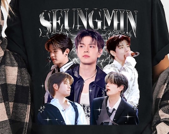 May include: Black t-shirt with a silver, stylized font spelling "SEUNGMIM". The shirt features a collage of five individuals. The design has a vintage aesthetic.