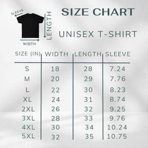 May include: A size chart for a unisex t-shirt, with measurements in inches. The chart includes sizes S through 5XL, with corresponding width, length, and sleeve measurements. A black t-shirt graphic is shown in the upper left corner.
