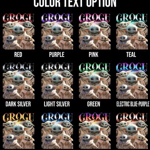 Może przedstawiać: Siatka obraz&oacute;w przedstawiających Grogu, z tekstem "COLOR TEXT OPTION" na g&oacute;rze. Każdy obraz przedstawia Grogu ze słowem "GROGU" nad nim w r&oacute;żnych kolorach: czerwonym, fioletowym, r&oacute;żowym, morskim, ciemnosrebrnym, jasnosrebrnym, zielonym, elektrycznym niebiesko-fioletowym, złotym, niebieskim, zachodzącego słońca złoto-fioletowym i brązowym.
