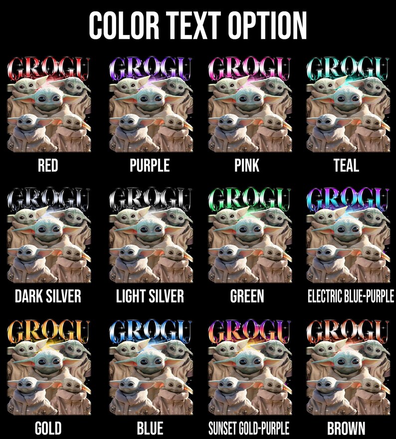 Może przedstawiać: Siatka obraz&oacute;w przedstawiających Grogu, z tekstem "COLOR TEXT OPTION" na g&oacute;rze. Każdy obraz przedstawia Grogu ze słowem "GROGU" nad nim w r&oacute;żnych kolorach: czerwonym, fioletowym, r&oacute;żowym, morskim, ciemnosrebrnym, jasnosrebrnym, zielonym, elektrycznym niebiesko-fioletowym, złotym, niebieskim, zachodzącego słońca złoto-fioletowym i brązowym.