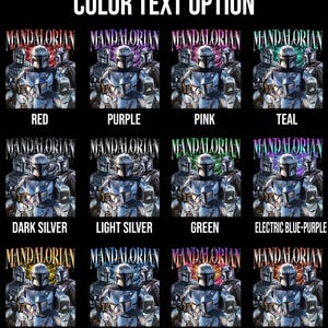 Pu&ograve; includere: Grafica con diverse opzioni di colore per un design "MANDALORIAN". Le opzioni includono Rosso, Viola, Rosa, Verde acqua, Argento scuro, Argento chiaro, Verde, Elettrico blu-viola, Oro, Blu, Tramonto oro-viola e Marrone.