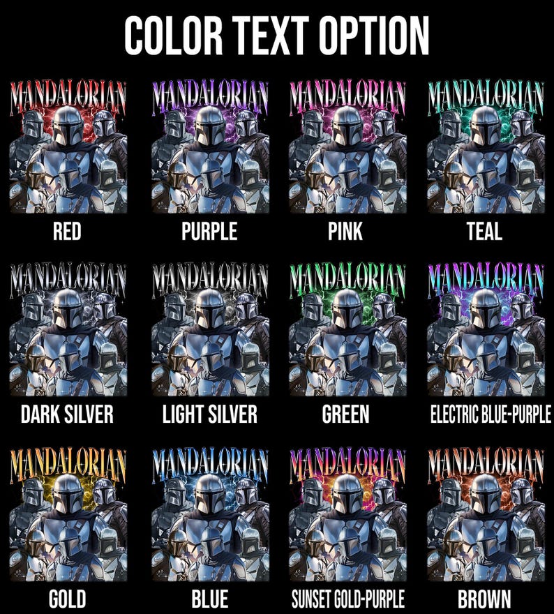 Pu&ograve; includere: Grafica con diverse opzioni di colore per un design "MANDALORIAN". Le opzioni includono Rosso, Viola, Rosa, Verde acqua, Argento scuro, Argento chiaro, Verde, Elettrico blu-viola, Oro, Blu, Tramonto oro-viola e Marrone.