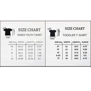 May include: A size chart for unisex youth and toddler t-shirts. The chart shows measurements in inches for width, length, and sleeve length. The unisex youth sizes range from XS to XL, while the toddler sizes range from 2T to 7T.