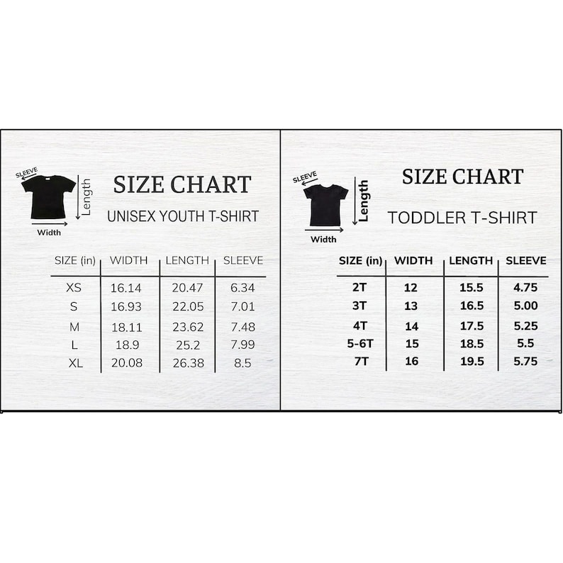 May include: A size chart for unisex youth and toddler t-shirts. The chart shows measurements in inches for width, length, and sleeve length. The unisex youth sizes range from XS to XL, while the toddler sizes range from 2T to 7T.
