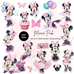 May include: A digital collection of Minnie Mouse illustrations featuring various poses, pink polka dot bows, dresses, cupcakes, and balloons. The text reads Minnie Pink, 100+ PNGs, 300 DPI, TRANSPARENT, 4000x4000px, and MINNIE MOUSE in pink lettering.